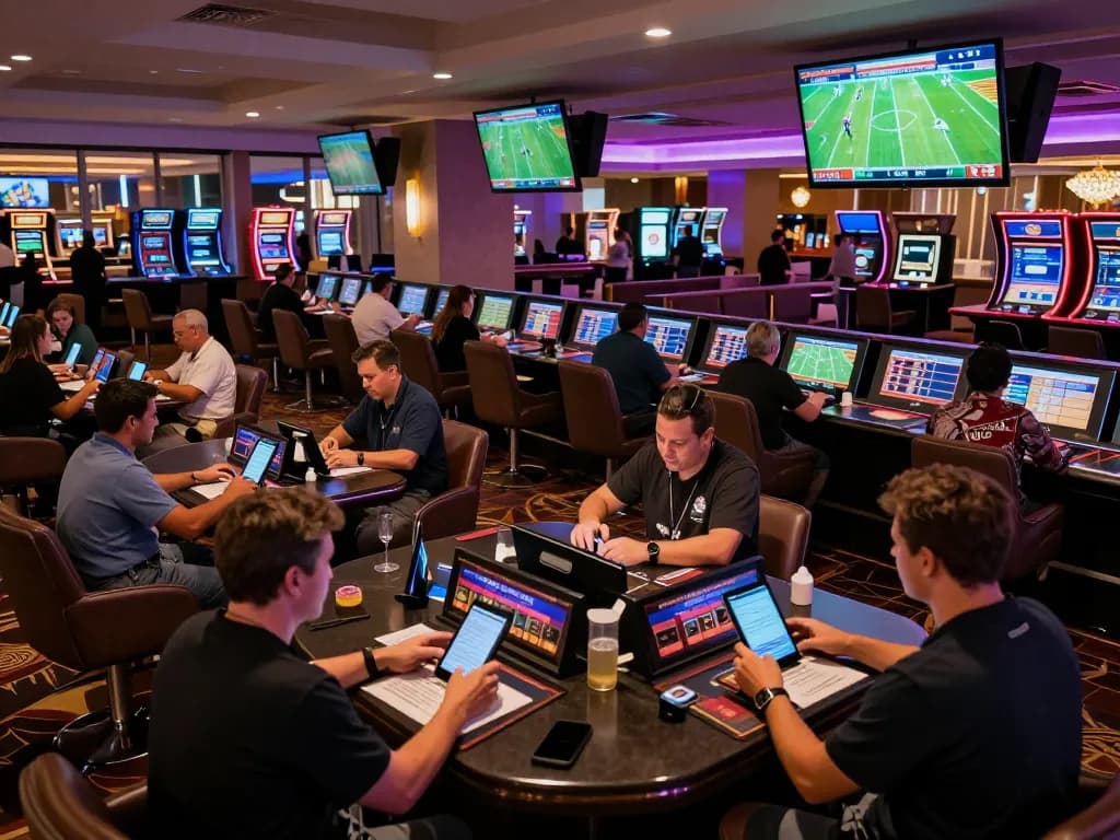 Socolive sports enthusiasts placing bets in a modern casino, showcasing lively atmosphere and engagement.