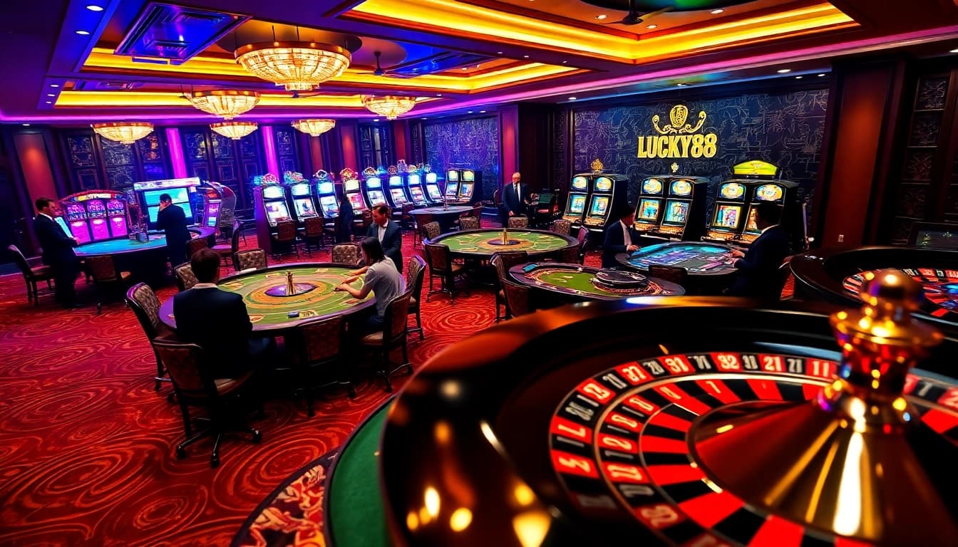 Experience the excitement of gambling with Nhà cái LUCKY88's casino ambiance filled with elegant tables and thrilling gameplay.
