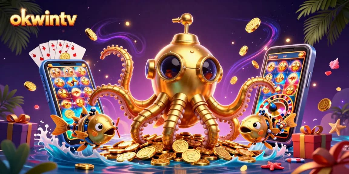 Engage with okwintv's immersive gambling experience featuring a golden kraken submarine and vibrant game elements.