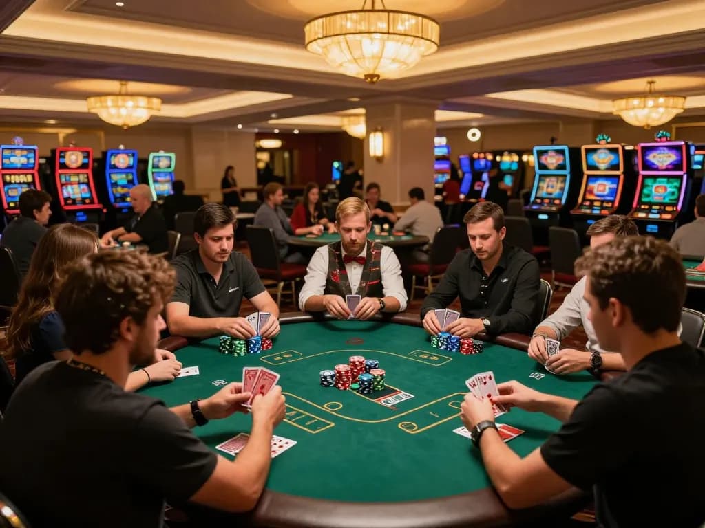The intense gameplay of kkwin2 poker with players and chips at a vibrant casino.