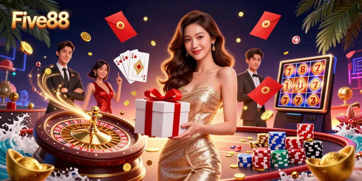 Five88 casino celebration featuring a glamorous Asian woman amidst stunning gaming elements and festive decorations.