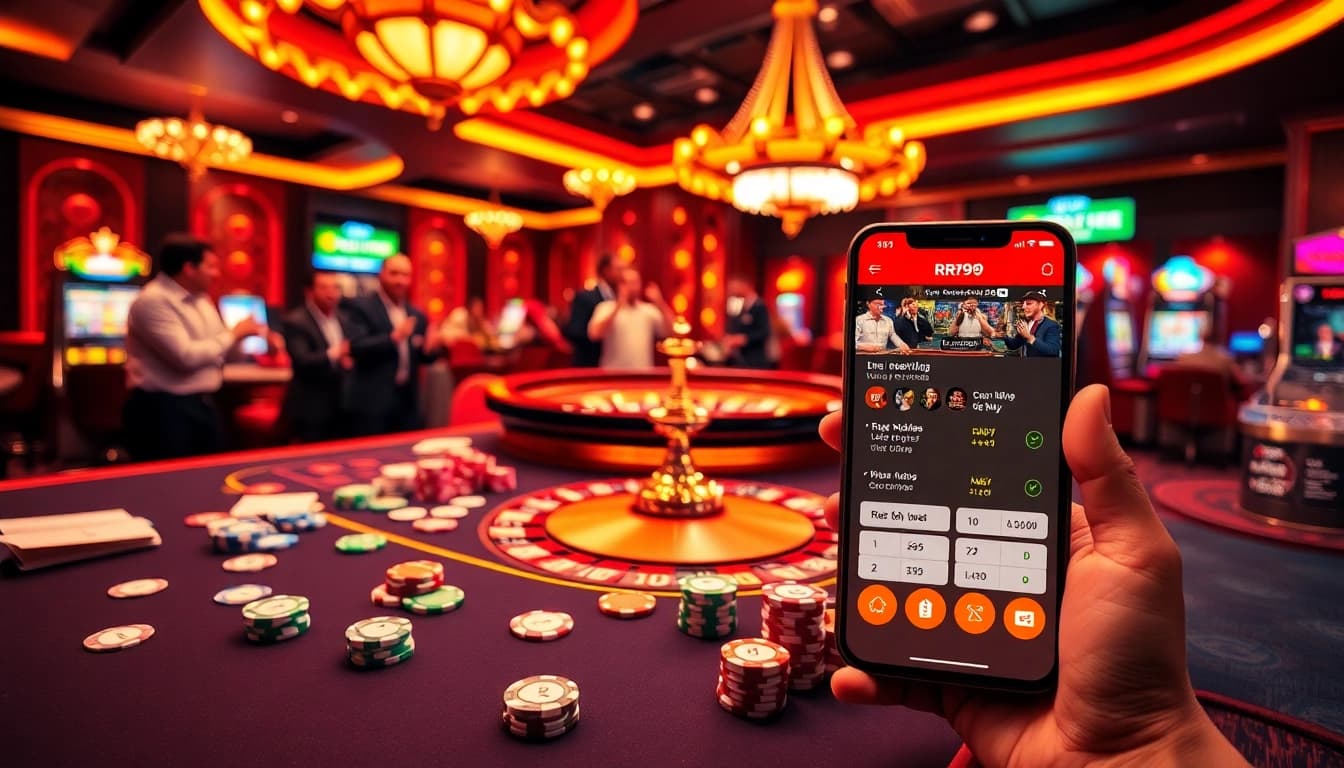 Engaging RR99 casino scene with vibrant table games and a spinning roulette wheel.