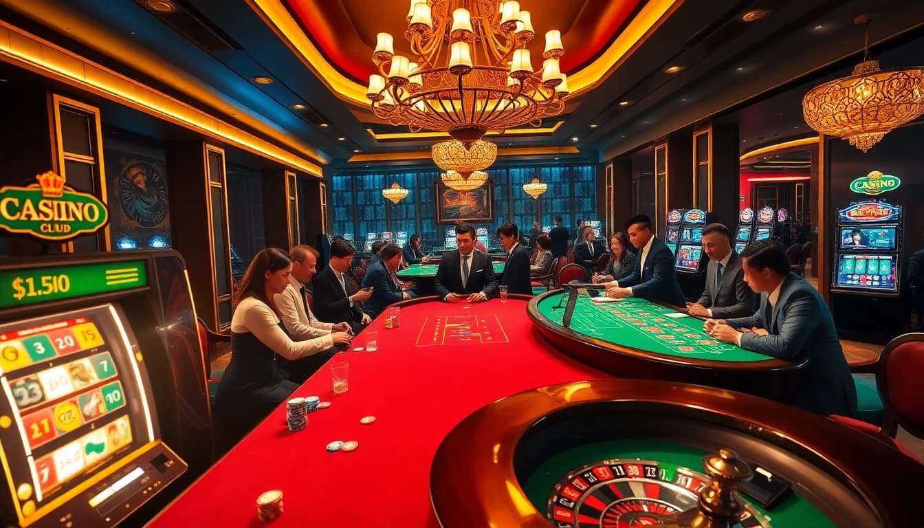 KIM88 club features a lively casino environment with poker tables, slot machines, and vibrant decorations.