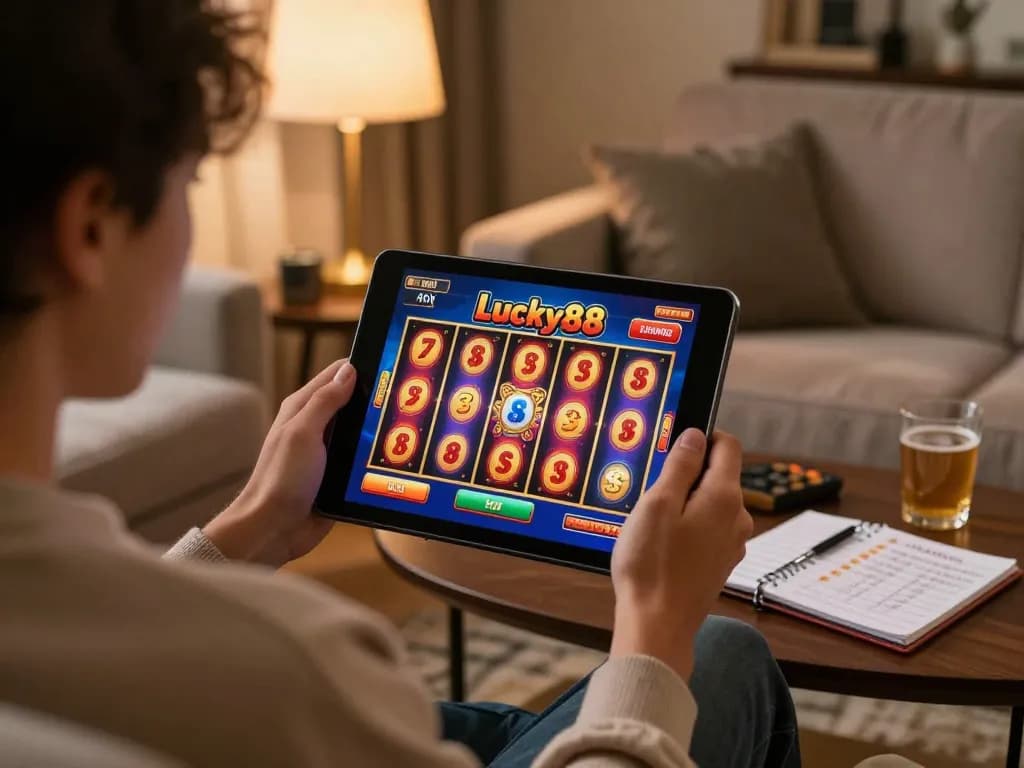 Engaged player spinning Lucky88 slot game on a tablet in a cozy living room setting.