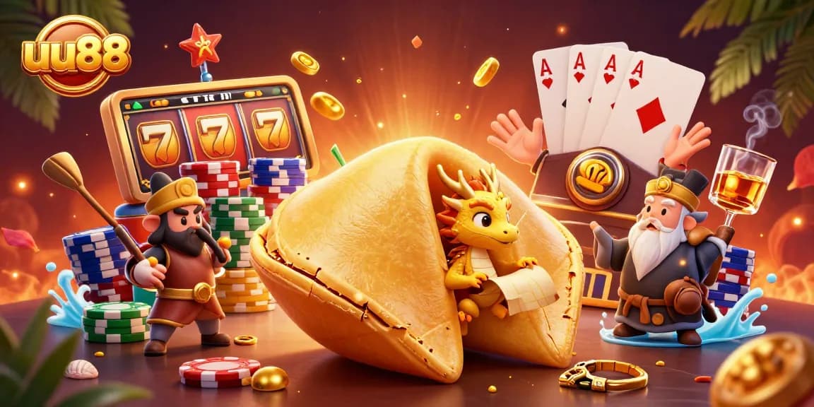 Engage with uu88's lively golden fortune cookie scene full of dynamic casino elements and energetic characters.