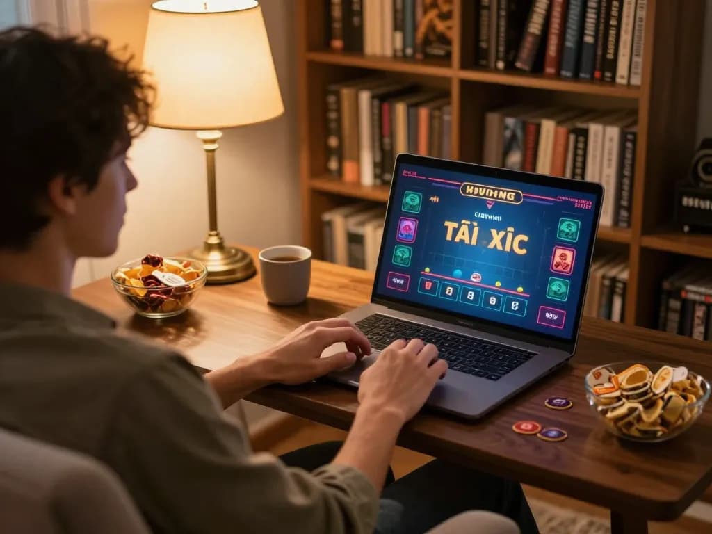 Tài Xỉu online being played on a laptop with live dealer game interface in a cozy home setting.