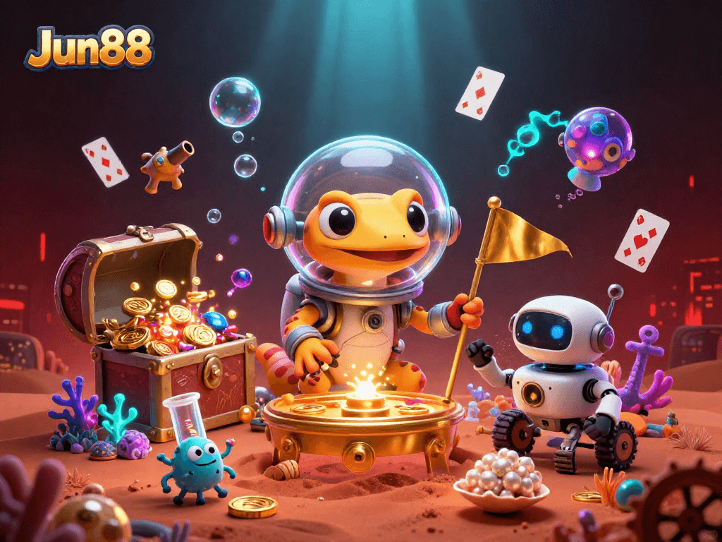Jun88 offers immersive casino experiences with golden treasures and lively characters.