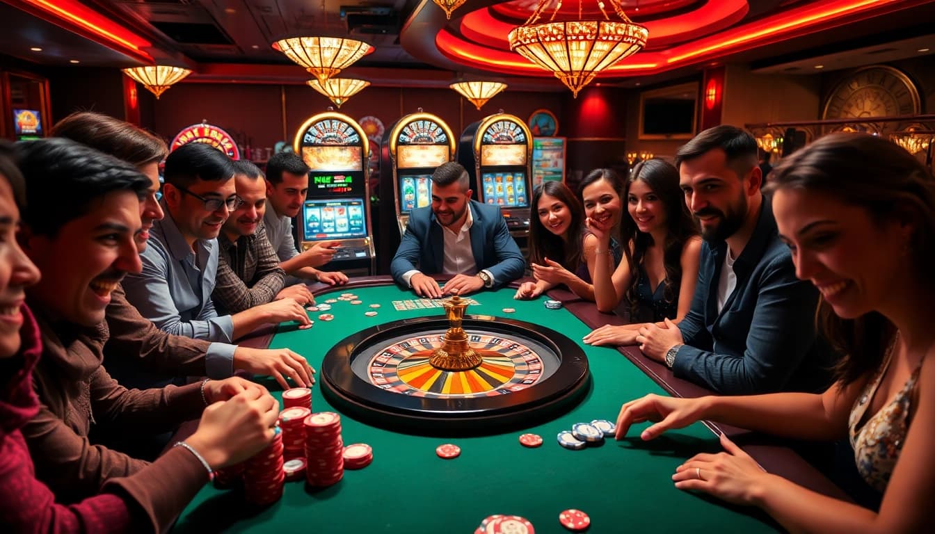 Kkwin players enjoying a thrilling moment at a luxury casino table full of excitement and poker chips.