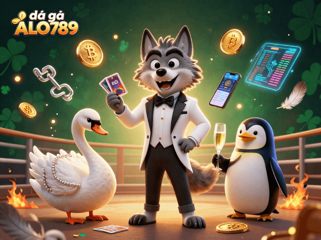 Engage in đá gà ALO789 at a vibrant arena with dynamic characters and neon crypto elements.