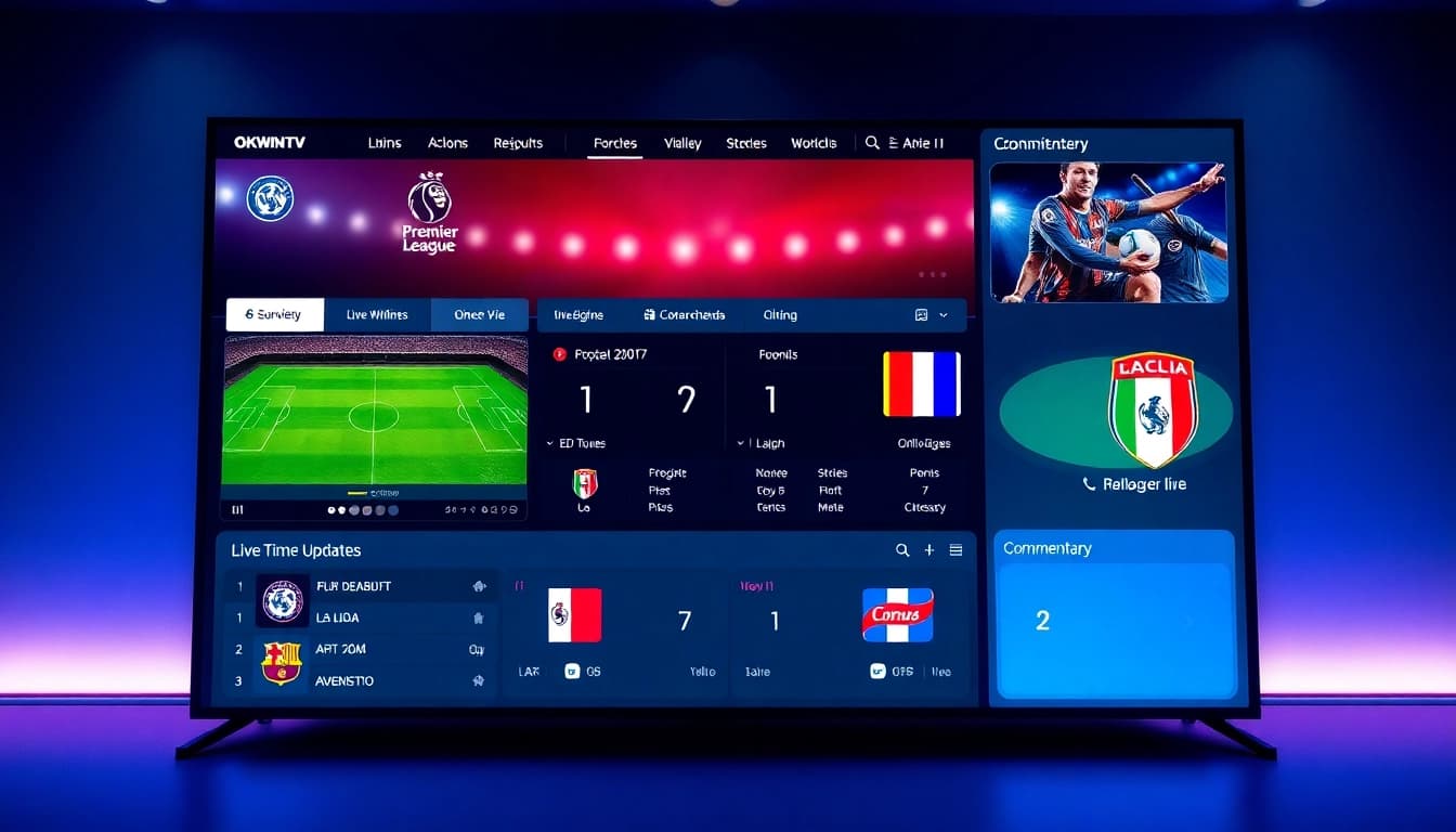 Live football streaming interface on OKWINTV showcasing matches and scores.
