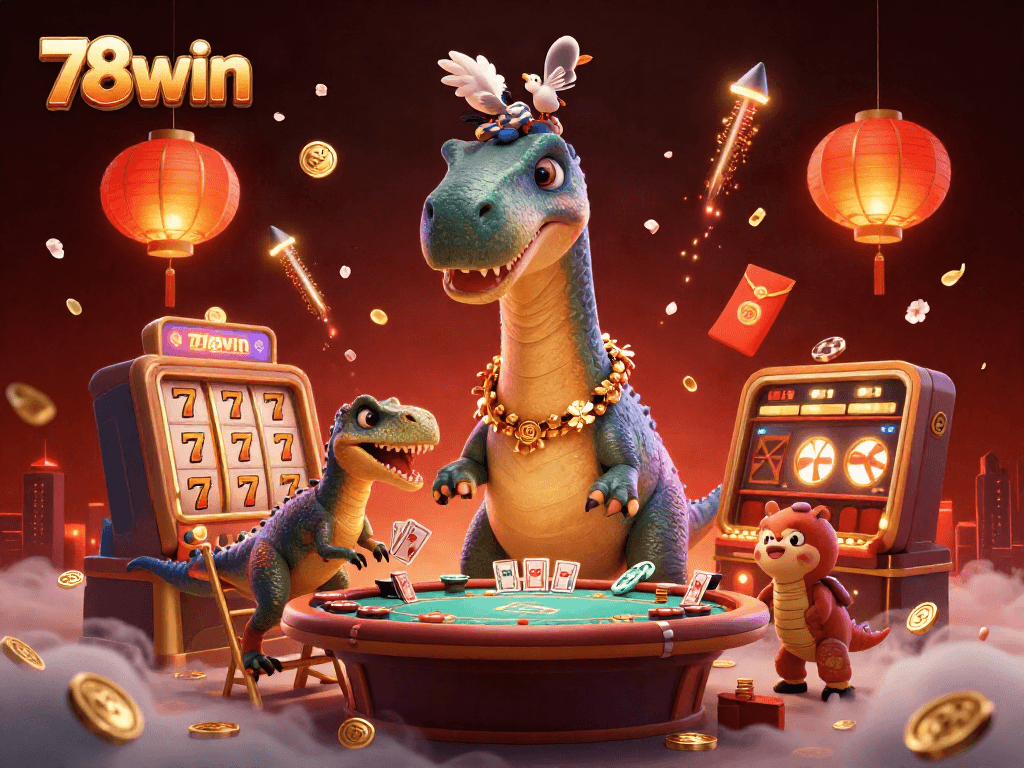 Experience excitement at 78win with a dynamic 3D casino scene featuring playful dinosaurs and vibrant gaming elements.