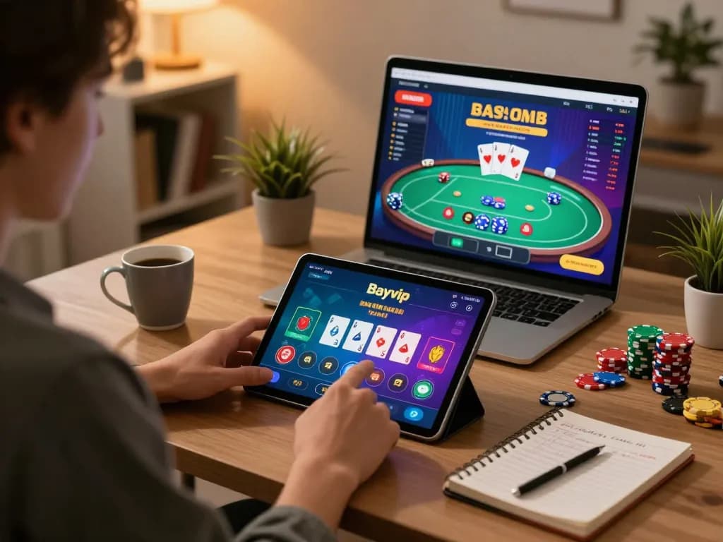 Engaging with Bayvip’s casino app on a tablet, enjoying a strategic online poker game.