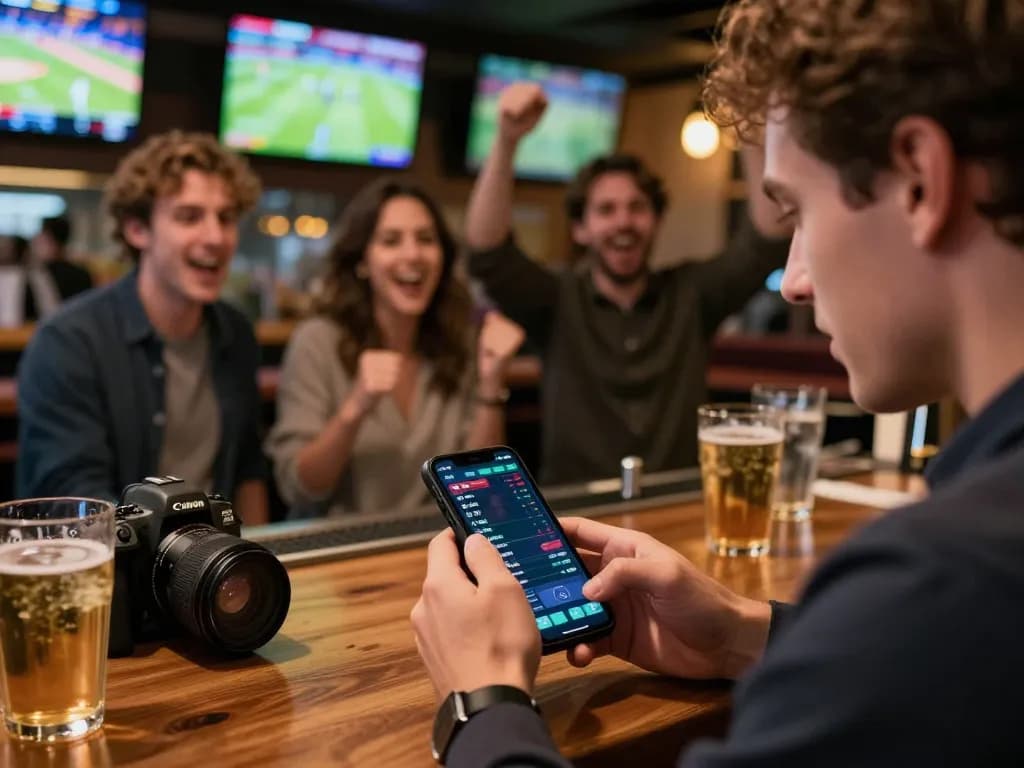 Engaging in kèo nhà cái on a smartphone during live sports betting at a vibrant sports bar.