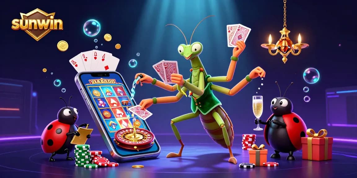 Experience the vibrant sunwin casino atmosphere with a lively mantis dealer, ladybug pit boss, and glowing game elements.