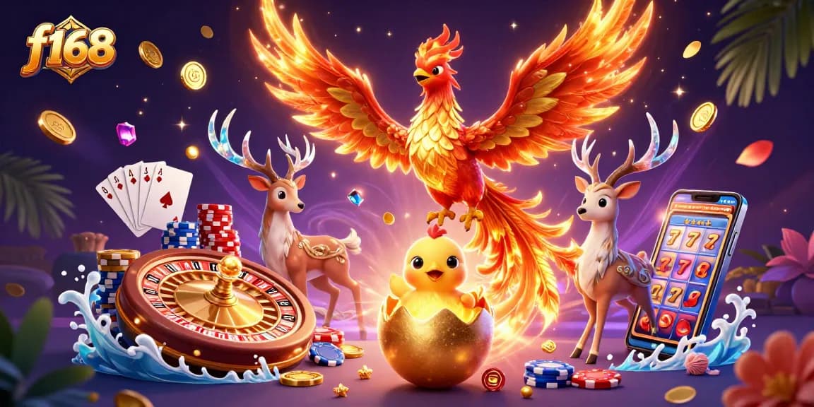 Experience thrilling gameplay with f168 as a magical phoenix emerges in a vibrant casino setting.