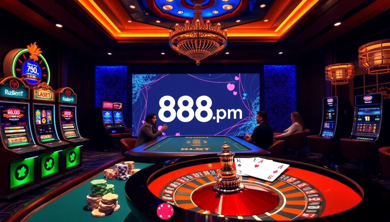 Competitive poker game at 888p com casino filled with vibrant slot machines and roulette wheel.