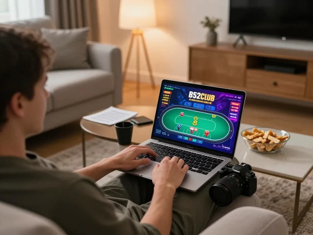B52Club online gaming setup with a player focused on a poker game, cozy home environment illuminated warmly.