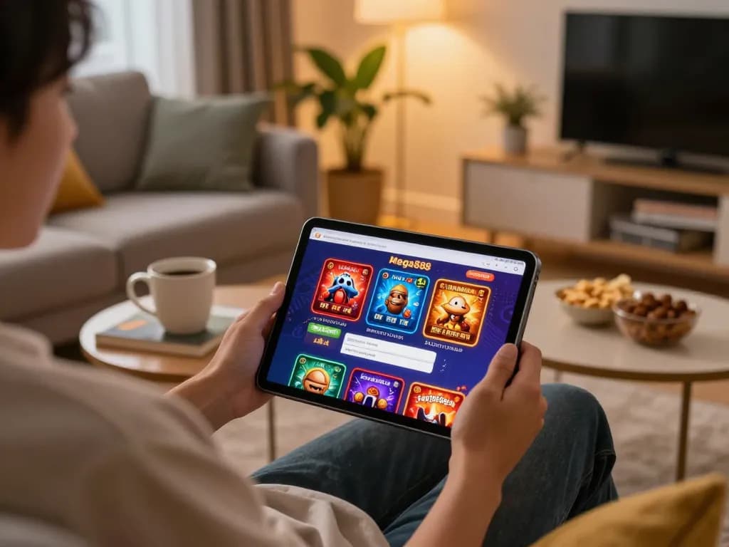 Mega888 login Malaysia on tablet in cozy gaming setup for online casino enthusiasts.
