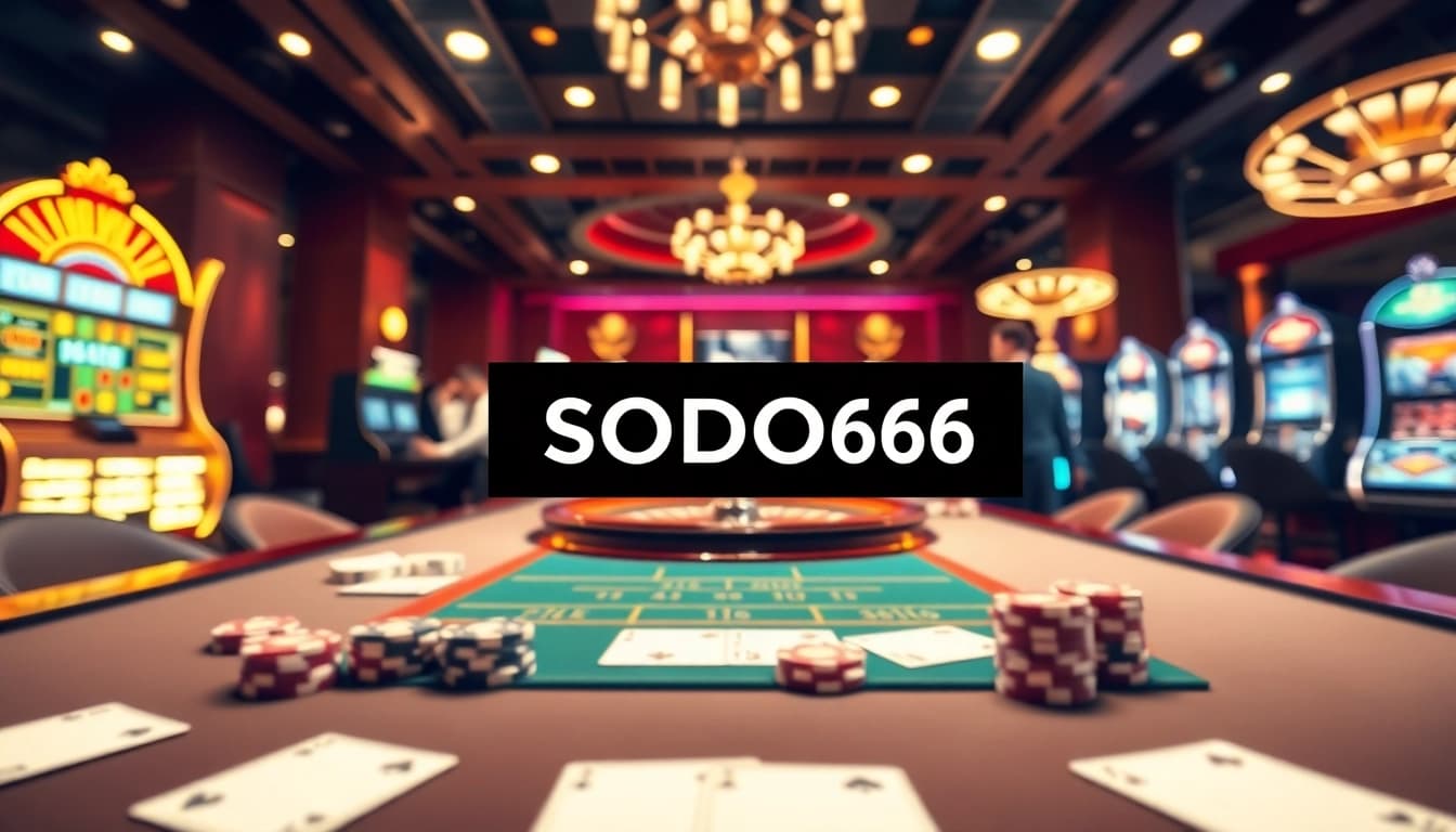 Experience the excitement of SODO66 with players at luxury casino tables and vibrant slot machines.