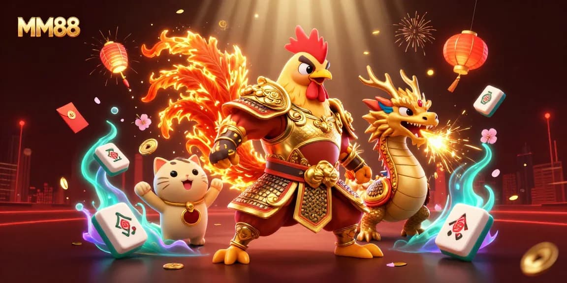 Experience thrilling moments at MM88 with a dynamic illustration featuring a rooster warrior in samurai armor.