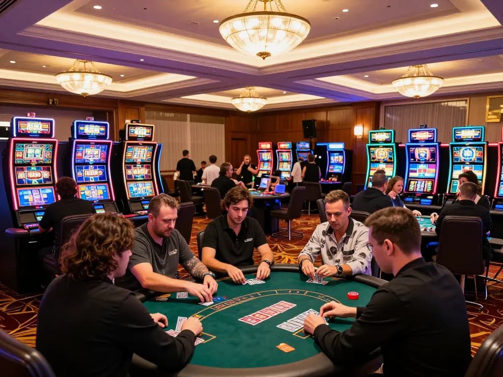 Engaged players at 789win casino table, showcasing intense blackjack strategies in vibrant atmosphere.