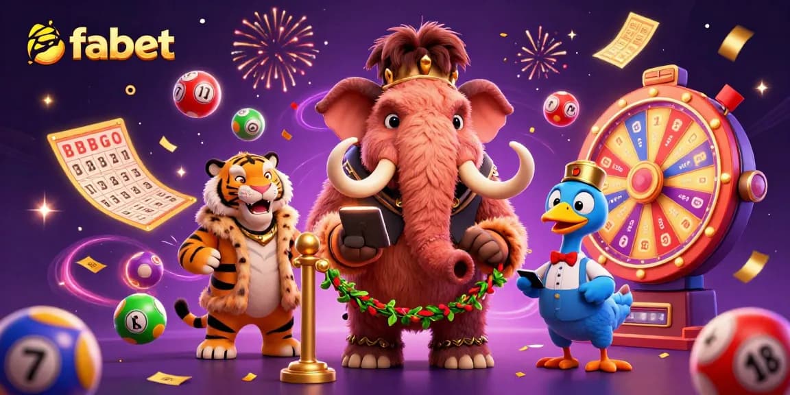Engage with fabet at a vibrant casino scene featuring lively characters and dynamic lottery elements.
