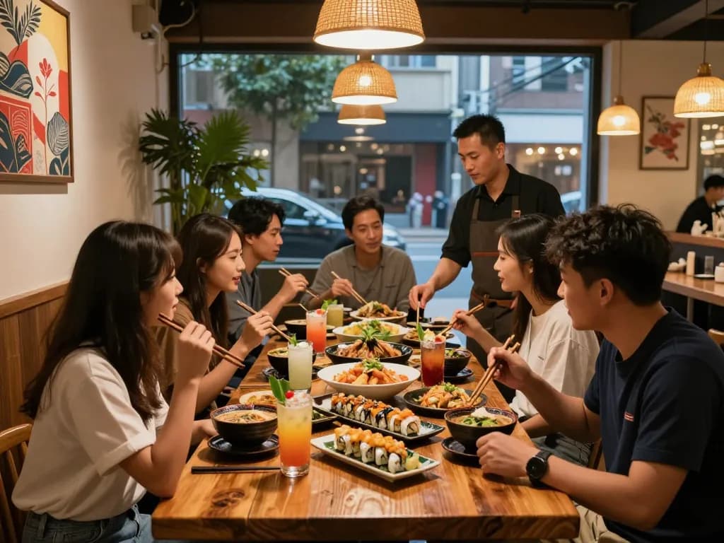 Friends enjoying a lively dinner at RED88 Asian bistro with sushi and cocktails.