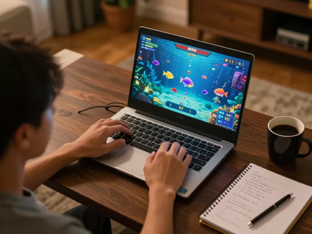 Player enjoying a bắn cá đổi thưởng game on a laptop in a cozy home with strategic notes