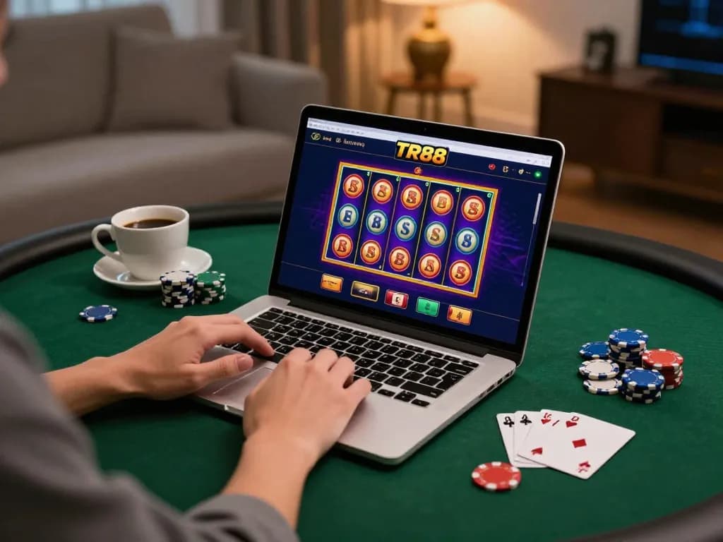 Experience strategic gameplay with TR88 in a cozy home setup for online casino gaming.