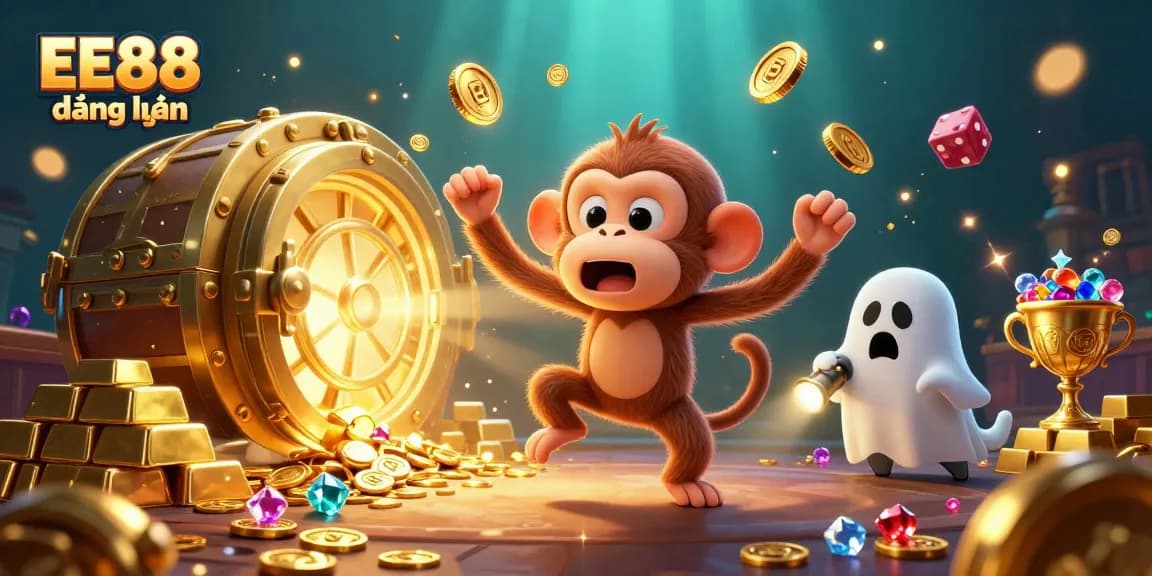 Experience EE88 đăng nhập with a mischievous poltergeist monkey and ghost-hunter puppy in a vibrant haunted casino scene.