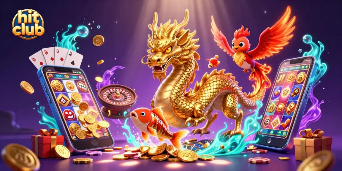 Experience thrilling gaming at hit club with a fierce dragon, phoenix, and koi fish amidst casino elements.