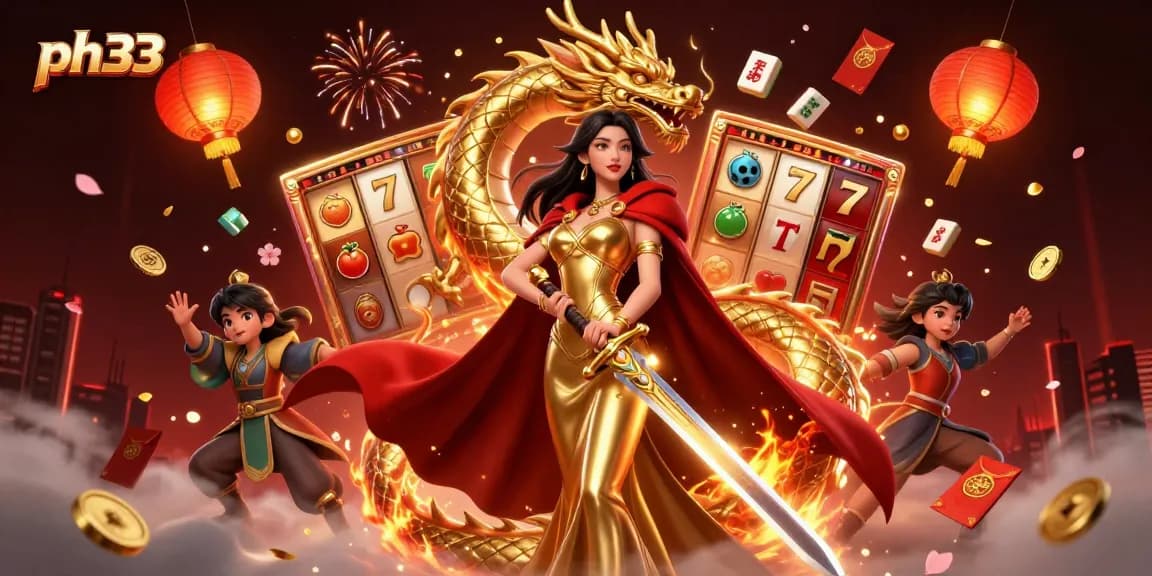 Spin and win at ph33 casino with vibrant slots, dragons, and festive elements captivating players.