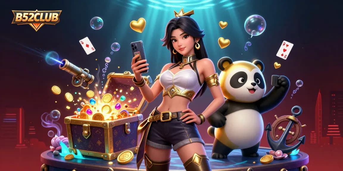 B52CLUB showcases a vibrant 3D casino scene with a stylish Asian woman and golden panda mascot.