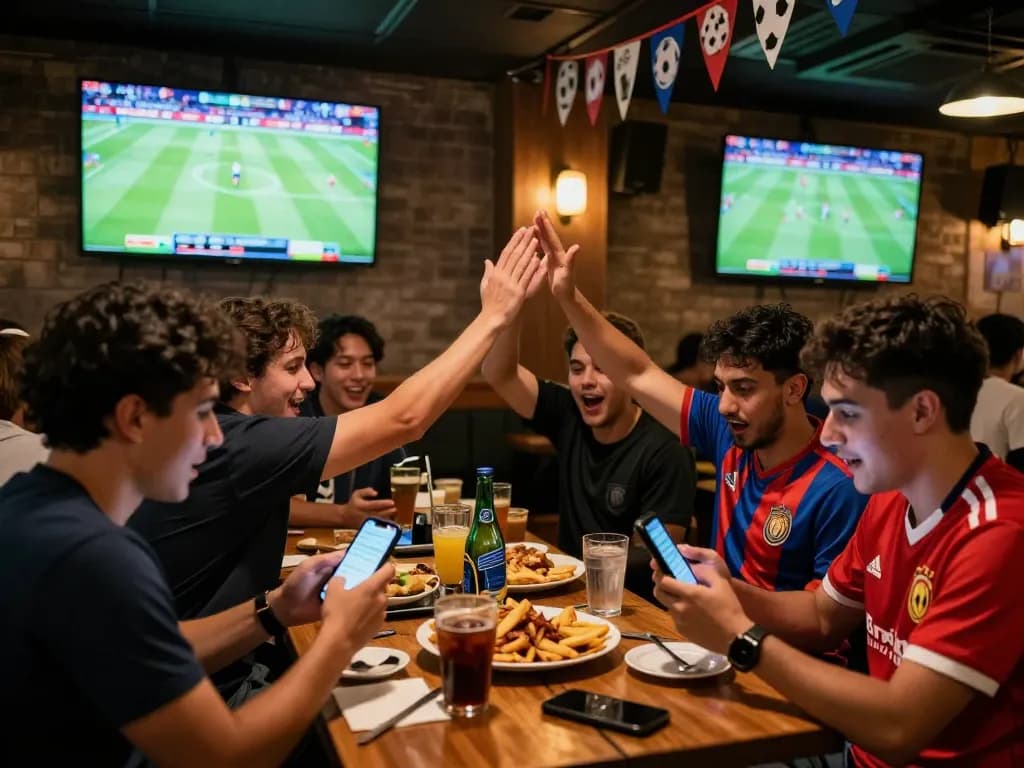 Football fans enjoying kèo bóng đá updates in a lively bar during a match.