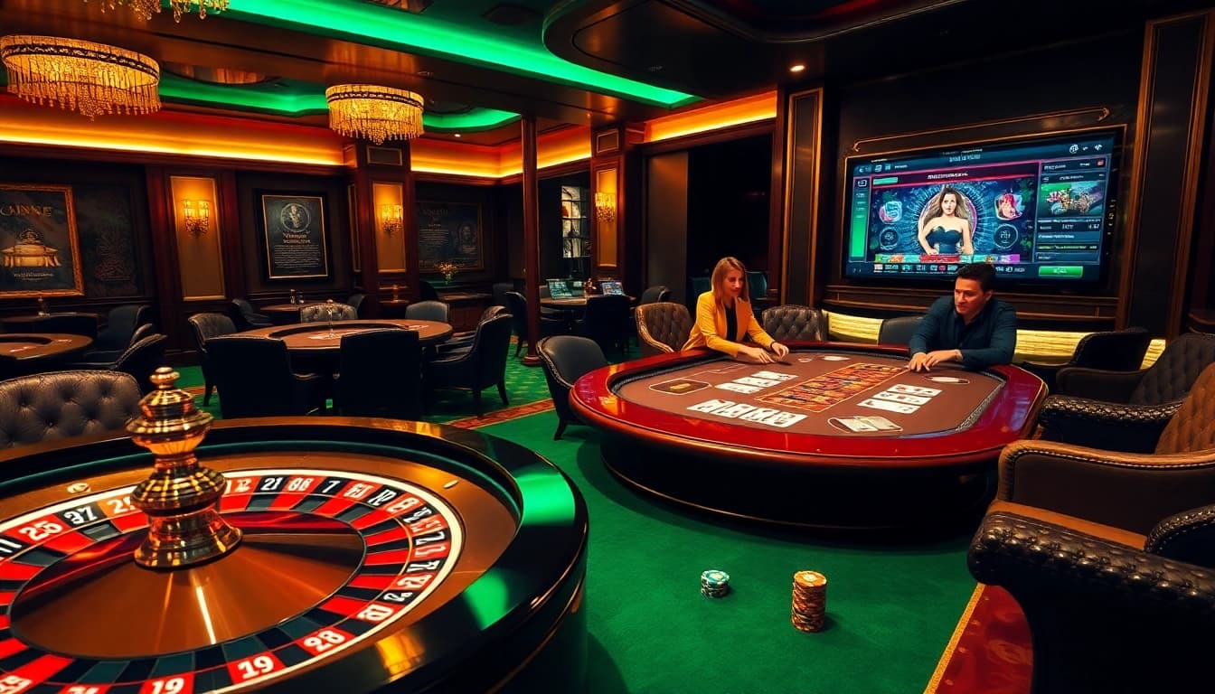 Players enjoying high-stakes poker at open88.com casino, with vibrant roulette wheel and chips.