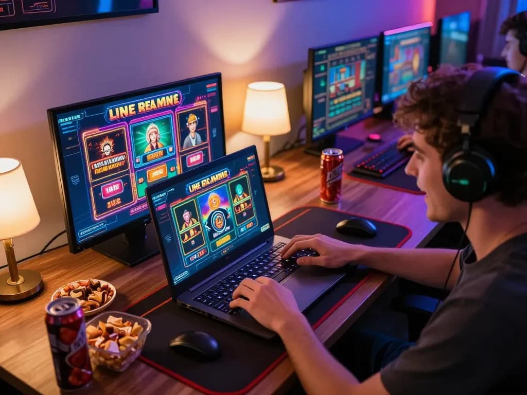 Engaged player using laptop for phtayab live casino slots, excited gaming atmosphere, vibrant setup.