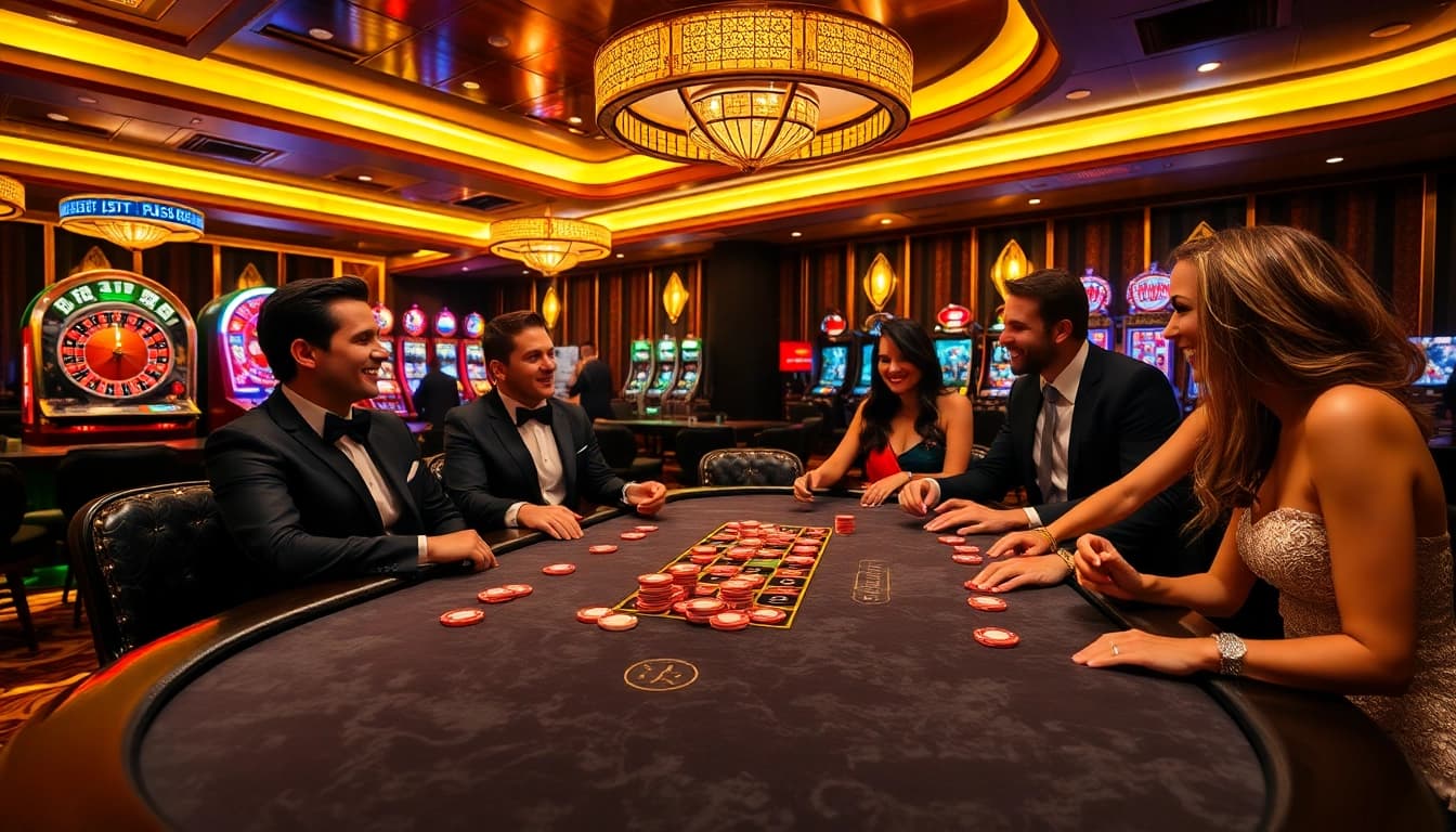 hit club players enjoying a thrilling poker game at a luxury casino table