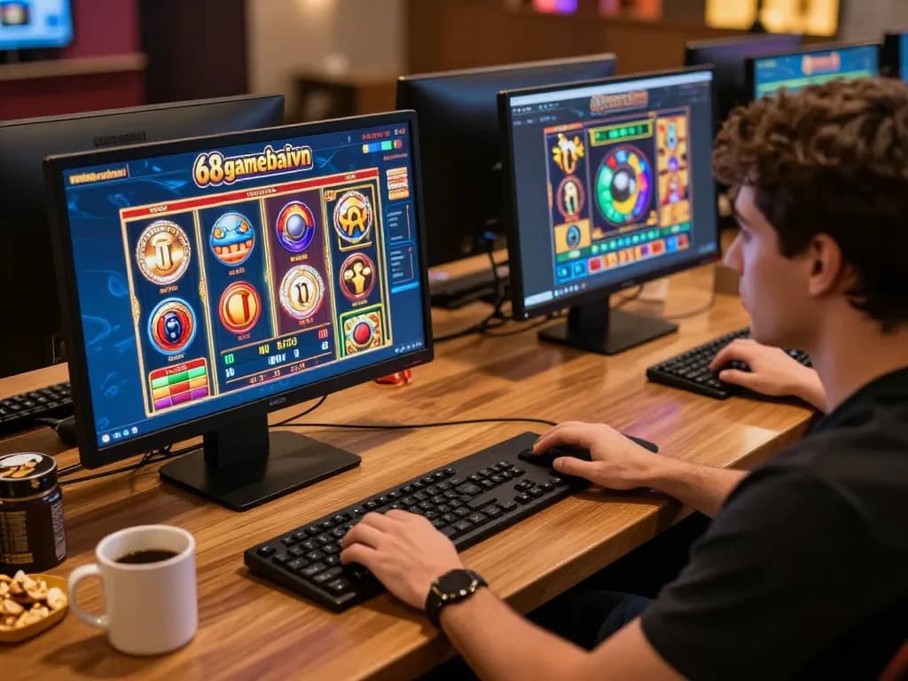 Engaging player enjoying 68gamebaivn online casino gaming setup with colorful slots and poker tables.