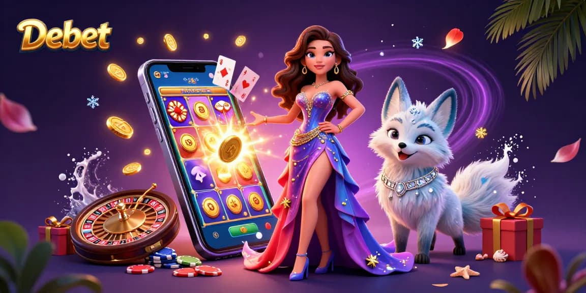 Experience the thrill of Debet with a stunning casino-themed illustration featuring vibrant slot games and gaming elements.