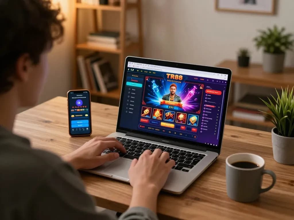 Engaging online gaming at TR88 with a laptop showing vibrant casino games.
