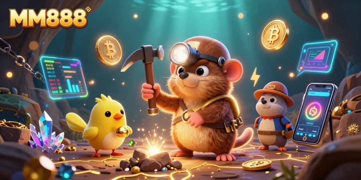 Engage in thrilling MM888 gaming with the treasure hunter mole and canary in a rich, vibrant environment.
