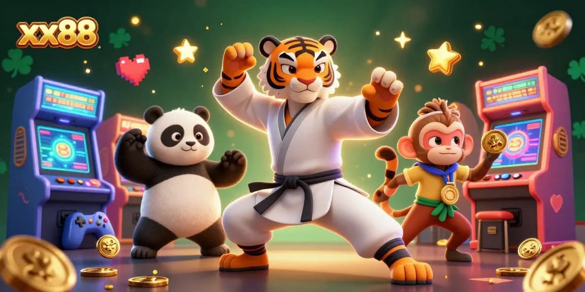 Experience thrilling gameplay at xx88 with a vibrant 3D illustration of fun characters and casino elements.