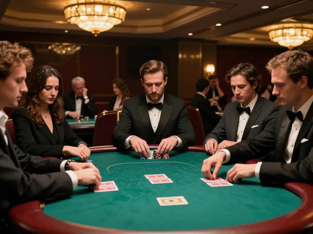 Xo88 poker players strategizing during a high-stakes game in an elegant casino.