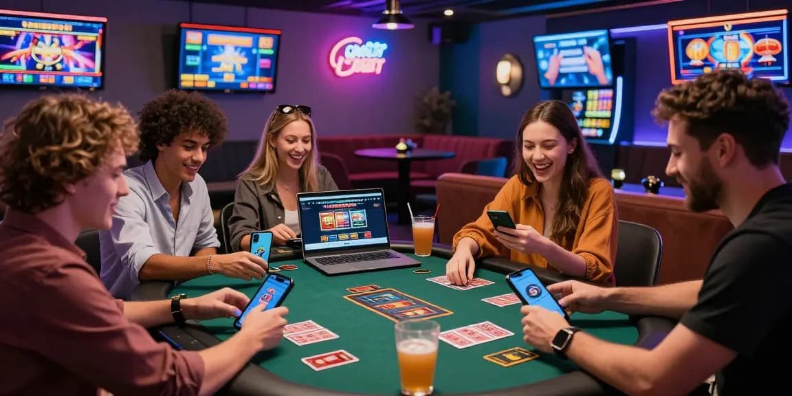 Friends enjoying games at credit card casinos, modern lounge setting with digital screens, laughter, and drinks