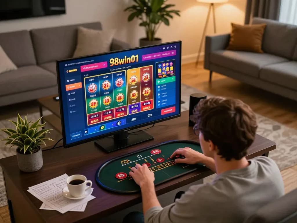 Engaged player using 98win01 to explore online casino games in a cozy living room
