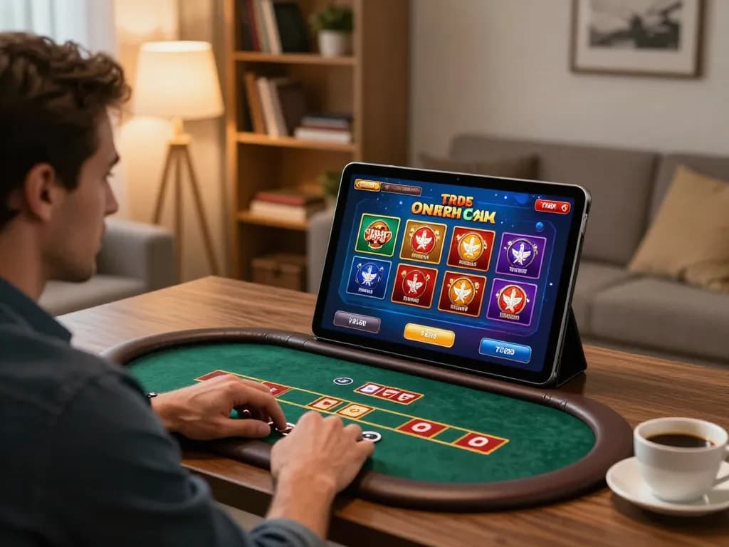 Engaging scene of a player using a tablet for tr88 đăng nhập, showcasing vibrant casino games in a cozy home atmosphere.