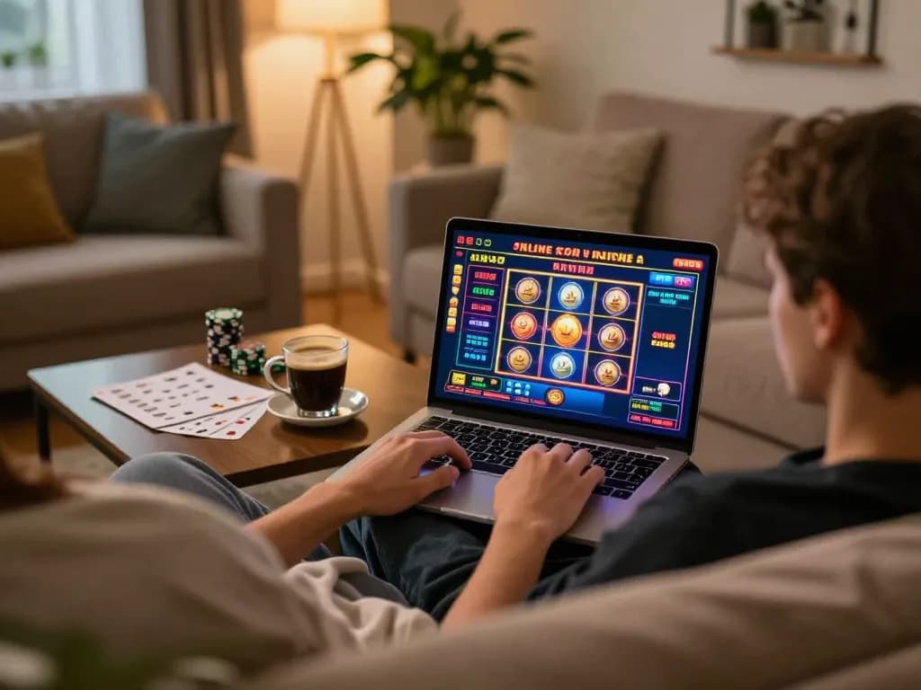 Engaging in online casino gameplay on MM88 from a cozy living room, showcasing strategic atmosphere.