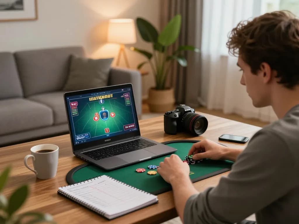 Player engaged in online poker at home, showcasing the fly88 gaming app environment and strategic focus.