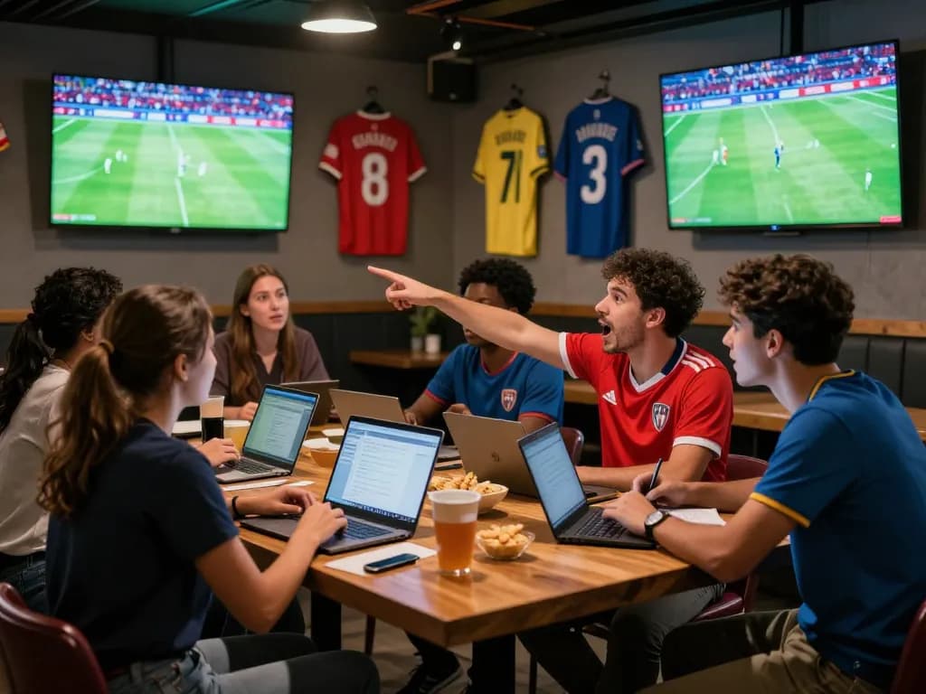 Excited soccer fans analyzing soccer tipsters in a lively sports bar.