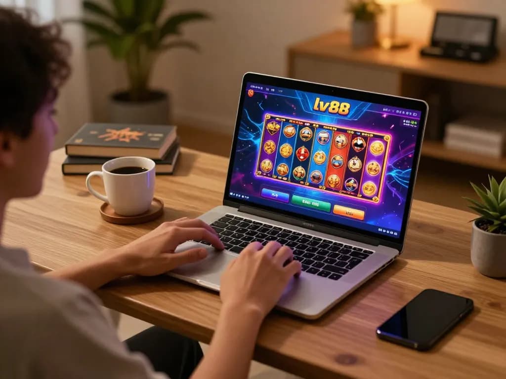 Player engaging with the nhà cái lv88 casino interface on a laptop, highlighting online gambling activities